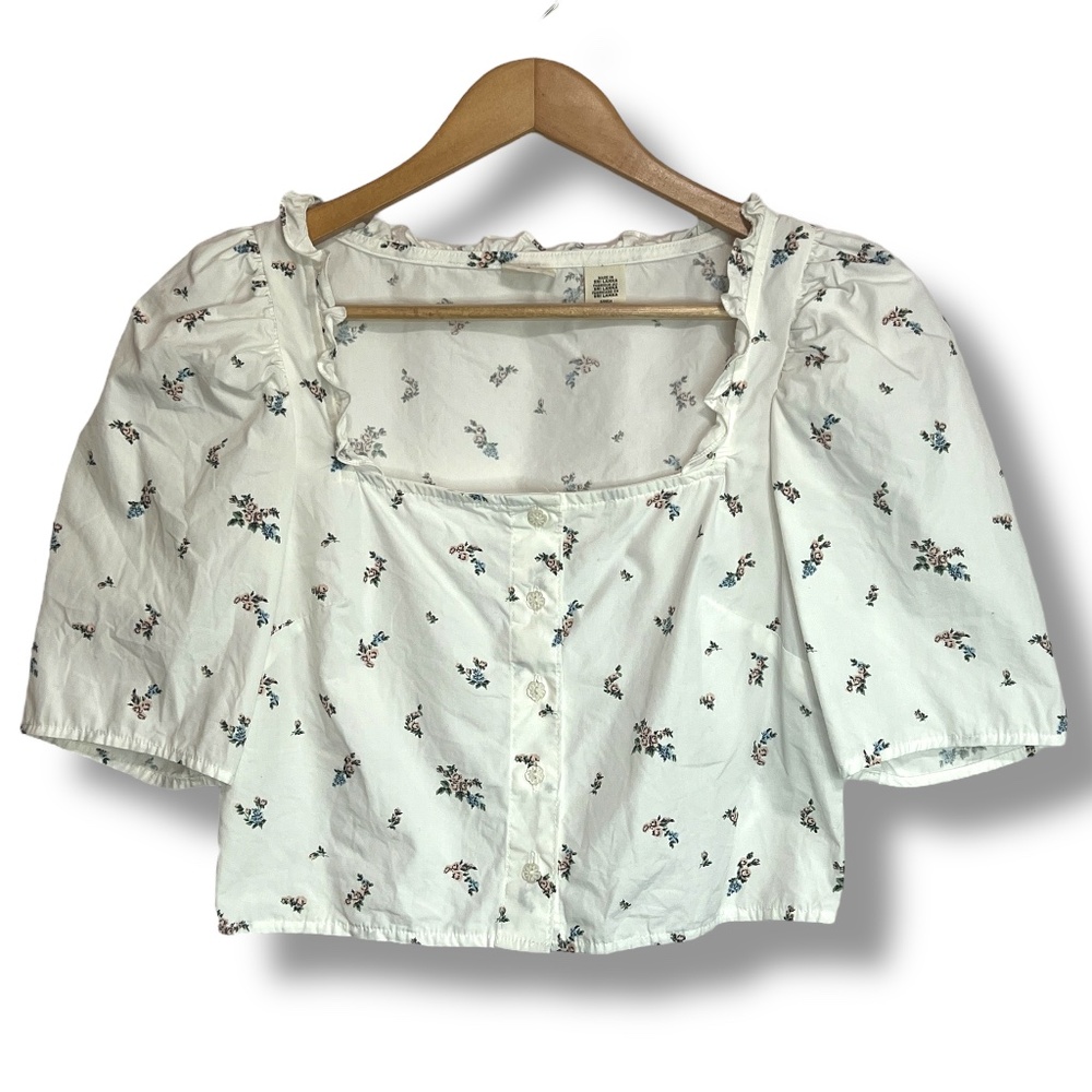 LEVI’S Joella Puff Shoulder Cropped Top Sz S White Cloud Dancer Floral‎ Milkmaid